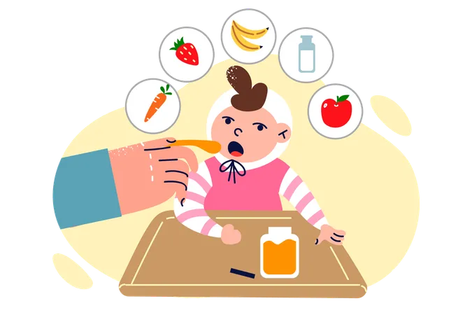 Baby is feed with fruit puree  Illustration