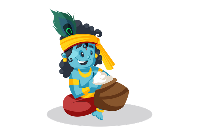 Baby Lord Krishna Eating Butter From Pot Illustration
