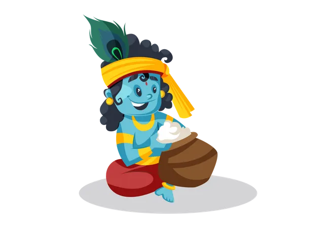 Baby Lord Krishna Eating Butter From Pot Illustration