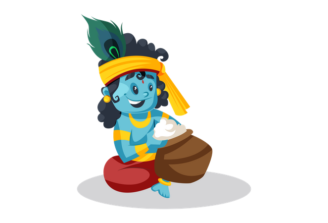 Baby Lord Krishna Eating Butter From Pot  Illustration