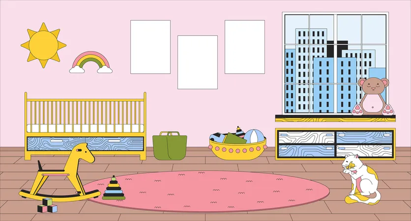 Baby Nursery Room Cartoon Flat Illustration Crib Bed Round Floor Rug 2 D Line Interior Colorful Background Blank Posters Wall Childhood Toys Childrens Room Scene Vector Storytelling Image Illustration