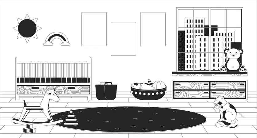 Baby Nursery Room Black And White Line Illustration Crib Bed Round Floor Rug 2 D Interior Monochrome Background Blank Posters Wall Childhood Toys Childrens Room Outline Scene Vector Image Illustration