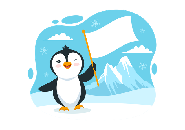 Baby penguin holding white flag and winking  Illustration
