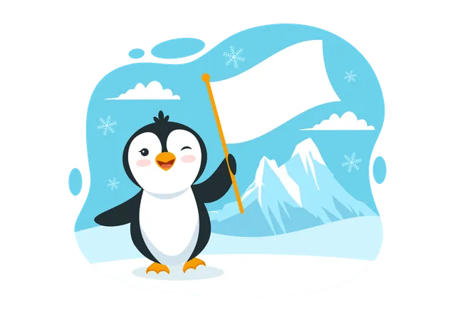 Baby penguin holding white flag and winking  Illustration