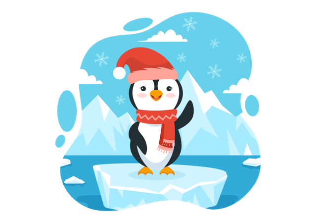 Baby penguin wearing cap and scarf and waving  Illustration