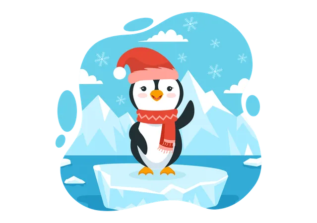 Baby penguin wearing cap and scarf and waving  Illustration