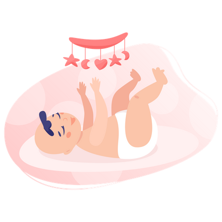 Baby playing with crib toy Illustration
