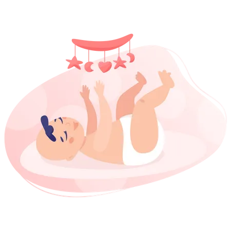 Baby playing with crib toy Illustration