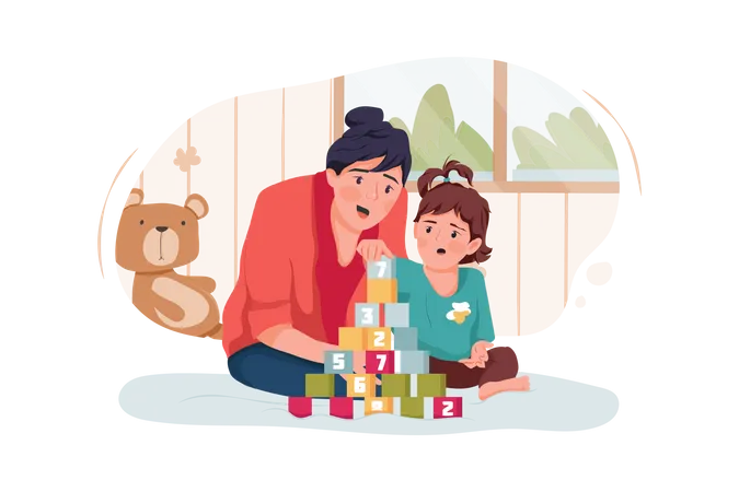 Baby-sitter ou mère et petite fille jouant avec des cubes de jouets à la maison  Illustration