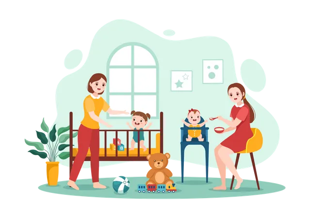 Baby-sitter s'occupant des enfants  Illustration