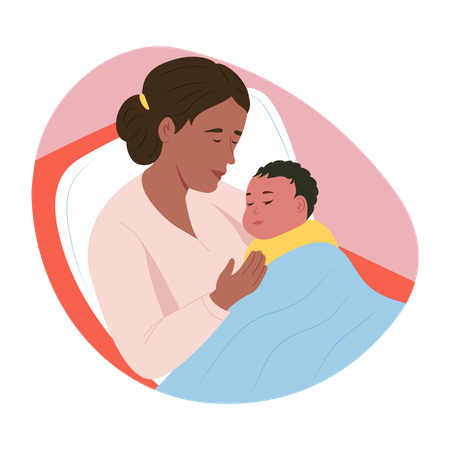 母親の膝の上で眠る赤ちゃん  イラスト