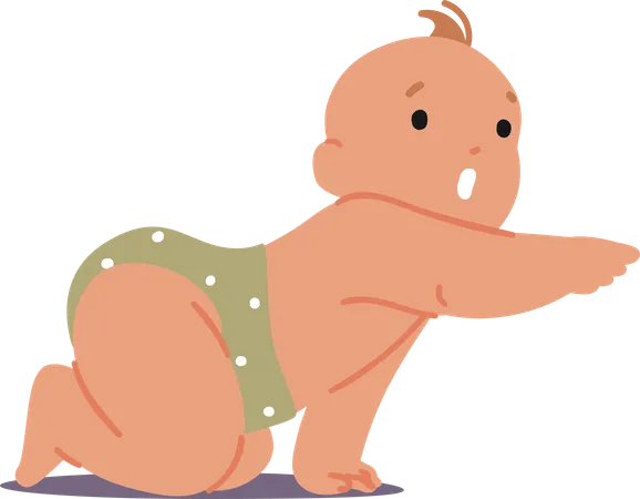 Baby Stands On Knees With Pointing Gesture Pose Involves Extending One Arm With A Straightened Index Finger Indicating Interest Or Curiosity Accompanied By Focused Gaze Cartoon Vector Illustration Illustration