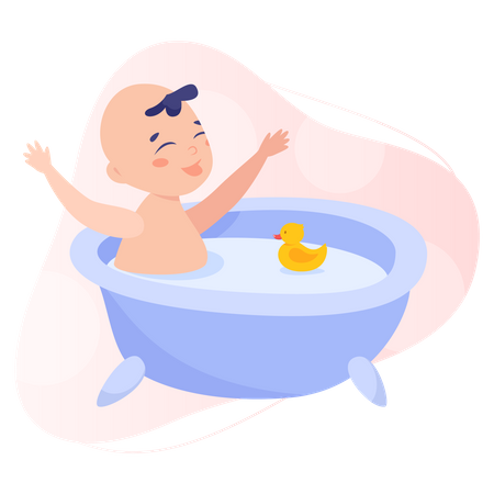 Baby taking bath with little duck toy Illustration