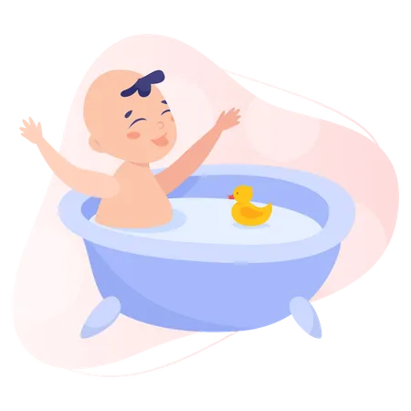 Baby taking bath with little duck toy  イラスト