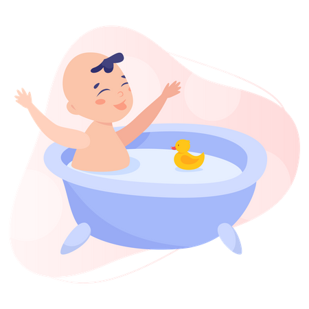 Baby taking bath with little duck toy  イラスト