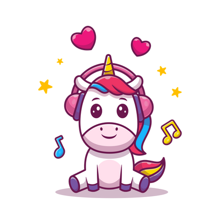 Baby Unicorn listening music on headphone Illustration