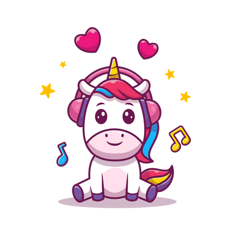 Baby Unicorn listening music on headphone  Illustration