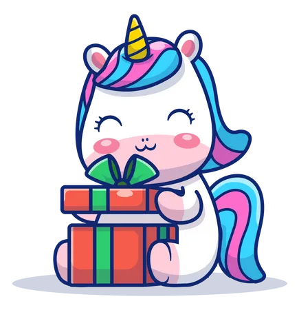 Baby unicorn with gift  Illustration