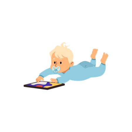 Baby with pacifier lying with tablet  Illustration