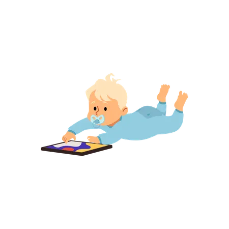 Baby with pacifier lying with tablet  Illustration
