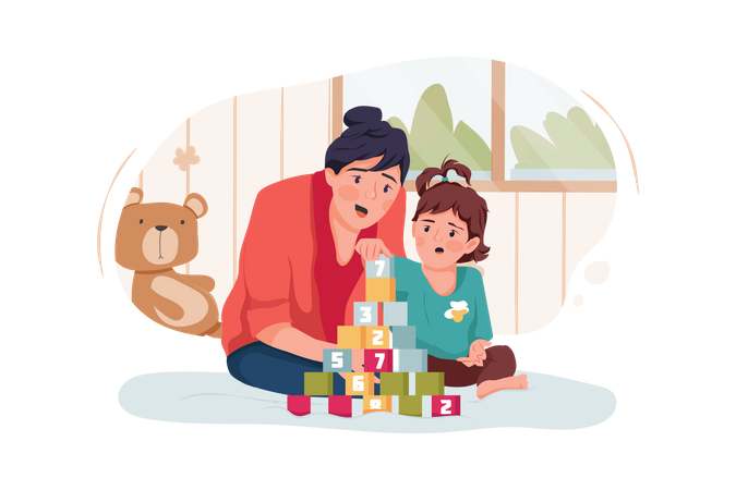 Babysitter or mother and baby girl playing with toy cubes at home  Illustration