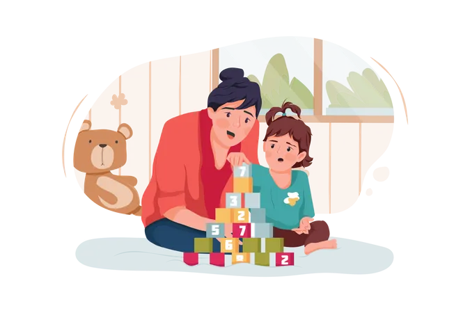 Babysitter or mother and baby girl playing with toy cubes at home  Illustration