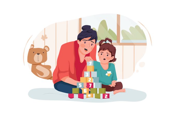 Babysitter or mother and baby girl playing with toy cubes at home  Illustration