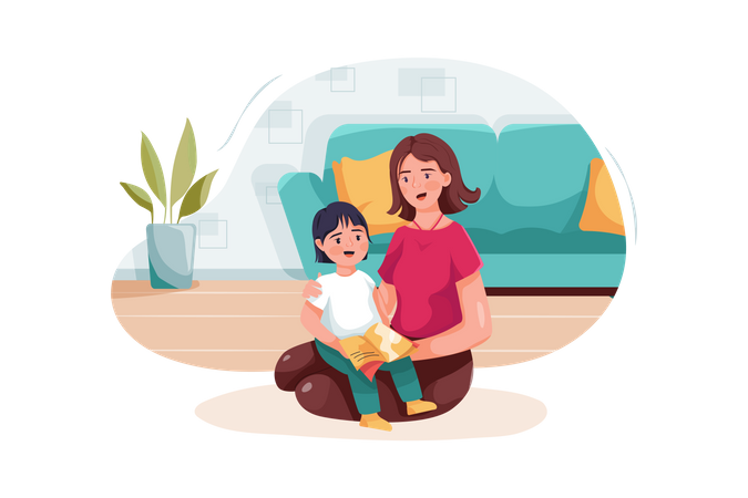 Babysitter or mother embracing little girl reading fairy tale to kid  Illustration