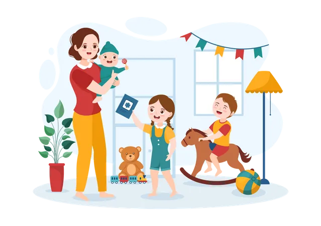 Babysitter Play with Children Illustration