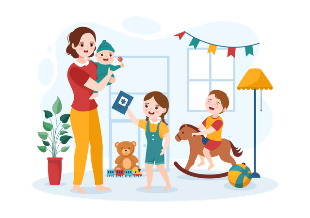 Babysitter Play with Children  Illustration