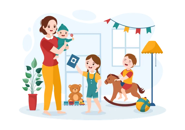 Babysitter Play with Children  Illustration