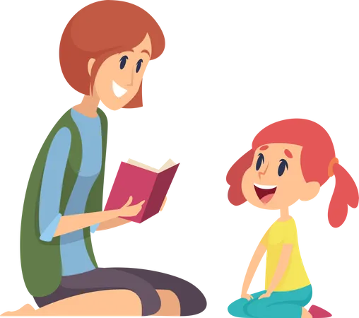 Babysitter reading story for little girl Illustration