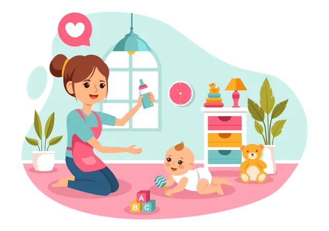 Babysitter spielt mit Kind  Illustration