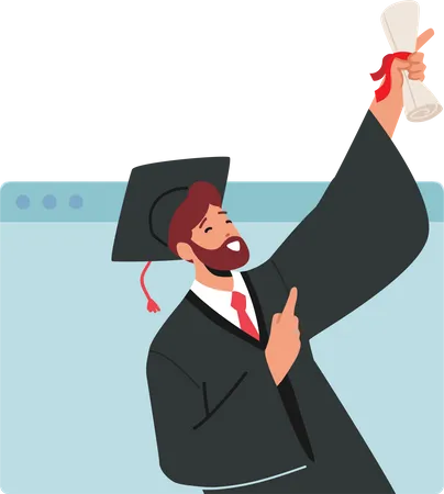 Bachelor Male Holding Diploma degree online Illustration