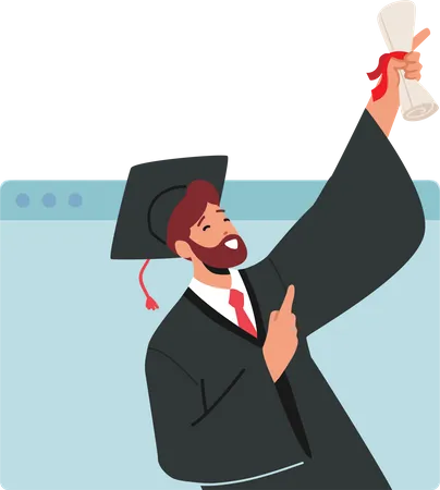 Bachelor Male Holding Diploma degree online  Illustration