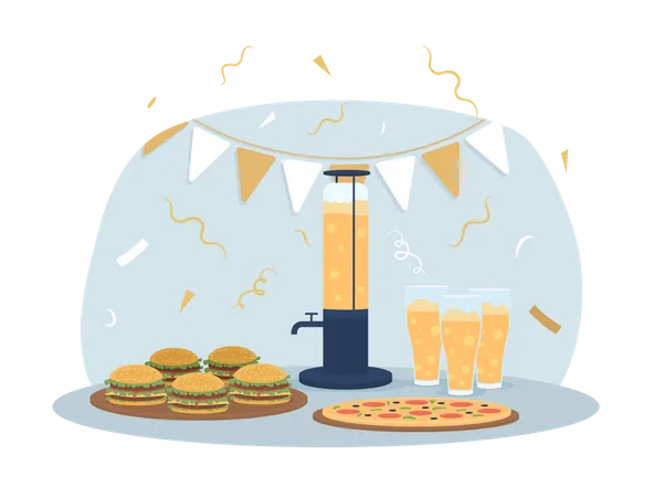 Bachelor Party Food 2 D Vector Isolated Illustration Beer With Pizza Hamburgers Flat Composition On Cartoon Background Stag Party Colourful Editable Scene For Mobile Website Presentation Illustration