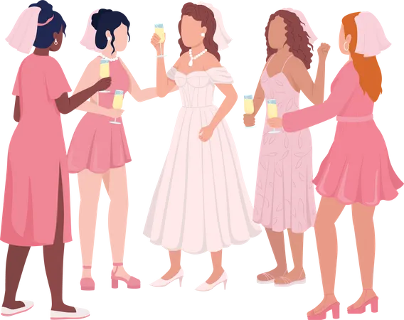 Bachelorette Night Semi Flat Color Vector Characters Standing Figures Full Body People On White Festive Celebration Simple Cartoon Style Illustration For Web Graphic Design And Animation イラスト