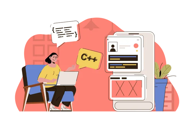 Programming Concept Woman Working Writing Code Testing Program At Office Situation Software Development People Scene Vector Illustration With Flat Character Design For Website And Mobile Site Illustration