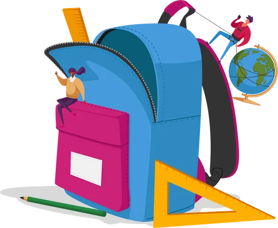 Back To School Education Concept Male And Female Characters Put Huge Accessories Into Pupil Backpack People Sitting On Rucksack With Pencil Straightedge Globe Cartoon People Vector Illustration Illustration