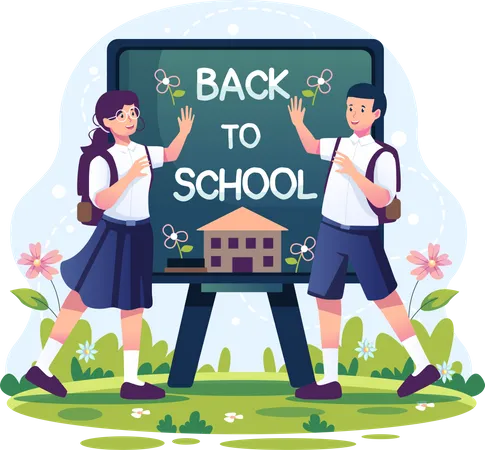 Back To School Announcement In Chalkboard Frame With A Schoolboy And A Schoolgirl Wearing The Backpack Greeting Each Other Vector Illustration In Flat Style Illustration