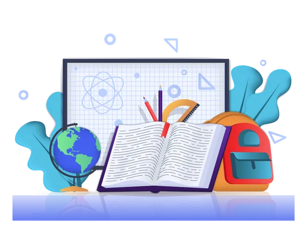 Back To School Concept 3 D Illustration Icon Composition With Blackboard With Formulas Open Textbook Globe Student Backpack Pens And Other Stationery Vector Illustration For Modern Web Design Illustration