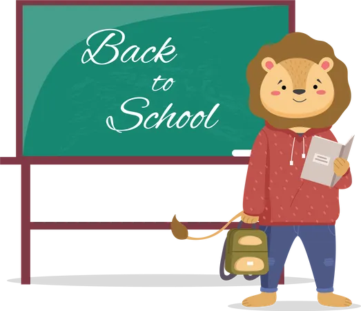 A Smart Lion Schoolboy Holding Exercise Book And Backpack Standing Near School Board With Phrase Back To School Funny Cartoon Animal Student Elementary School Education Concept Primary School Year Illustration