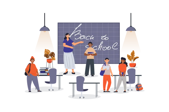 Back To School Concept With Character Scene For Web Teacher Greets Pupils At Blackboard And Classmates Go To Lesson People Situation In Flat Design Vector Illustration For Marketing Material Illustration