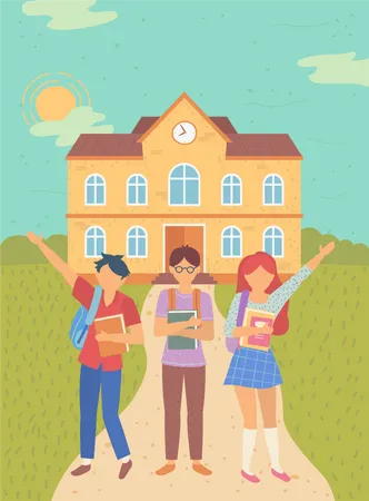 Black To School In Autumn Classmates Outdoors Vector Schoolboy And Schoolgirl Waving Path To Educational Institution Building With Clock On Top Teenagers Back To School Concept Flat Cartoon Illustration