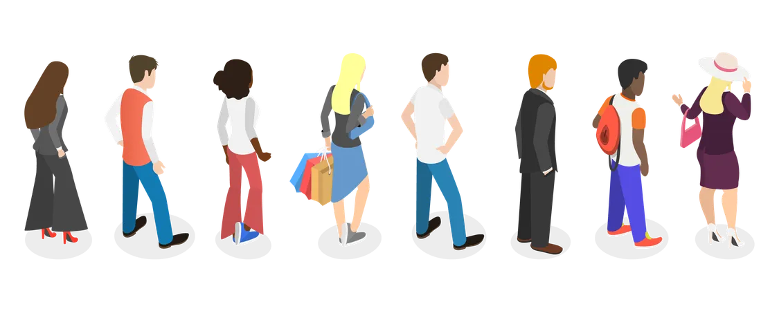 3 D Isometric Flat Vector Set Of Back View People Group Of Young Diverse Characters Illustration