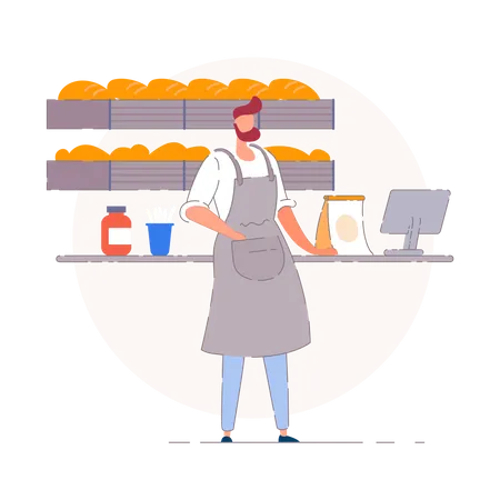 Bäcker in einer kleinen Bäckerei  Illustration