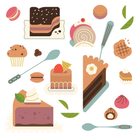 Bäckerei mit verschiedenen Süßigkeiten, Kuchen und Desserts  Illustration