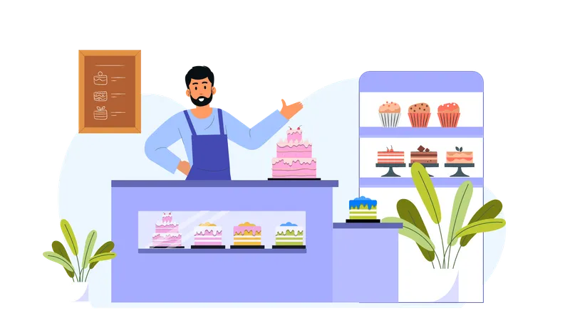 Bäckereibesitzer zeigt Kuchen in der Bäckerei  Illustration