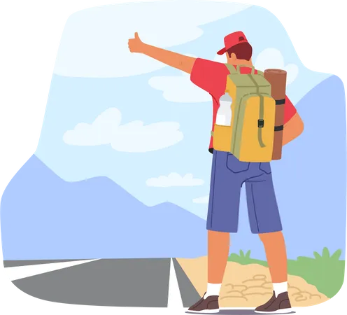 Backpack-wearing Hitchhiker Waiting On Roadside With Thumb Up Illustration