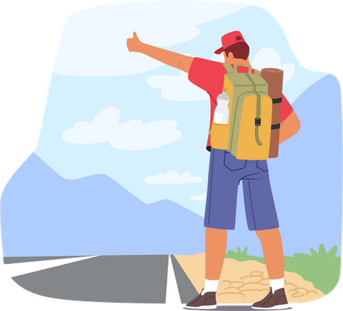 Backpack-wearing Hitchhiker Waiting On Roadside With Thumb Up  Illustration